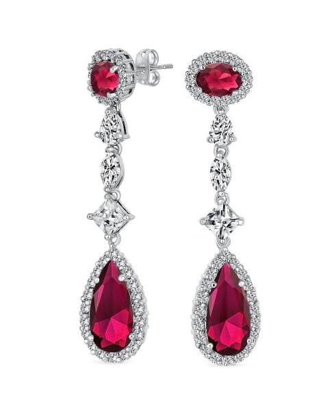 Art Deco Red Cubic Zirconia Halo Long Pear Solitaire Teardrop CZ Statement Dangle Chandelier Earrings Pageant Party