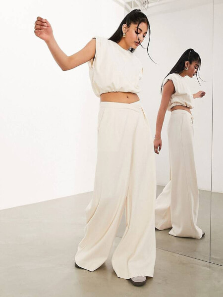 ASOS EDITION premium textured jersey wide leg trouser with asymmetric waistband in cream