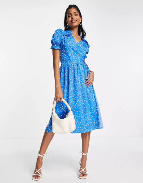 In The Style x Jac Jossa wrap detail frilly sleeve belted midi dress in navy floral