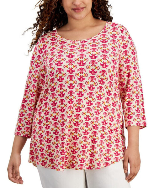 Plus Size Geo-Print 3/4-Sleeve Top, Created for Macy's