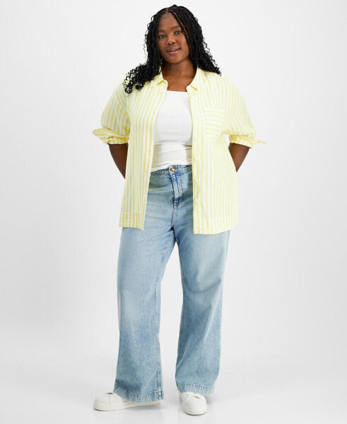 Plus Size Stripe Relaxed-Fit Button-Up Shirt, Created for Macy's