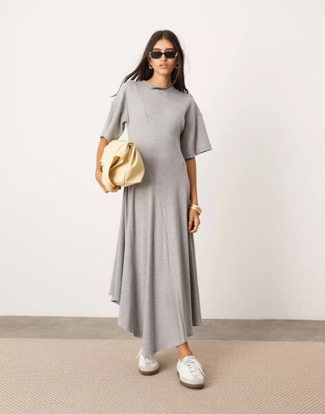 ASOS EDITION jersey rib midi tshirt dress with asymmetric hem in grey