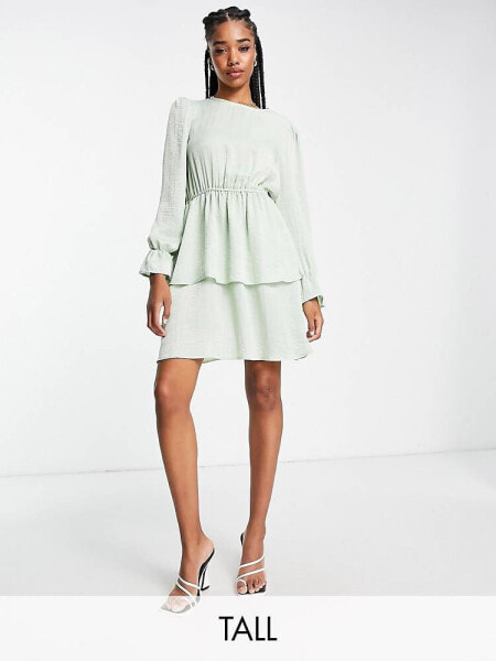 Flounce London Tall satin tiered mini dress in sage 