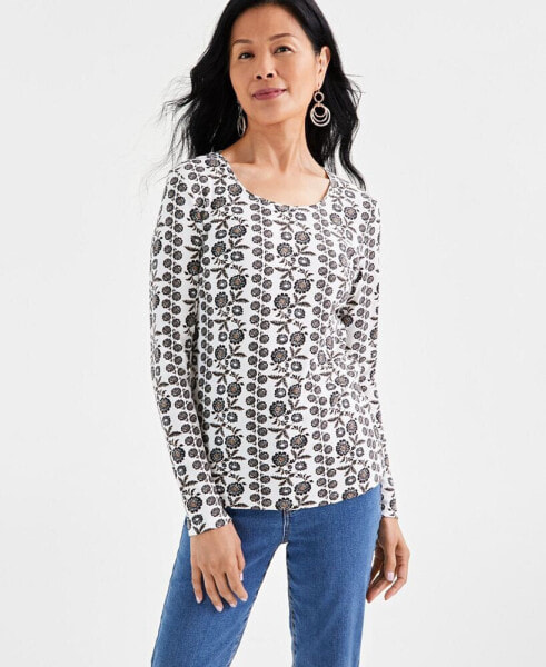 Women's Printed Long Sleeve Scoop-Neck Top, Created for Macy's