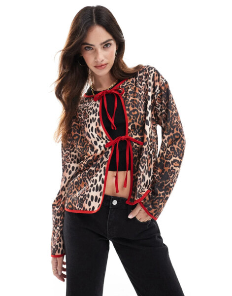 ASOS DESIGN tie front jersey shacket in leopard print