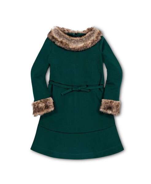 Toddler Girls Long Sleeve Ponte Skater Dress with Faux Fur Trim