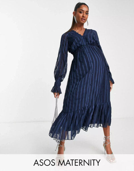 ASOS DESIGN Maternity satin stripe midi dress with blouson sleeve and button detail in navy