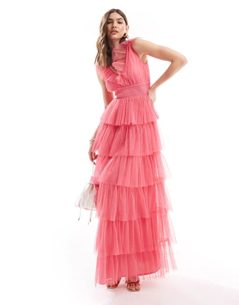 Anaya ruffle tiered maxi dress in hot pink