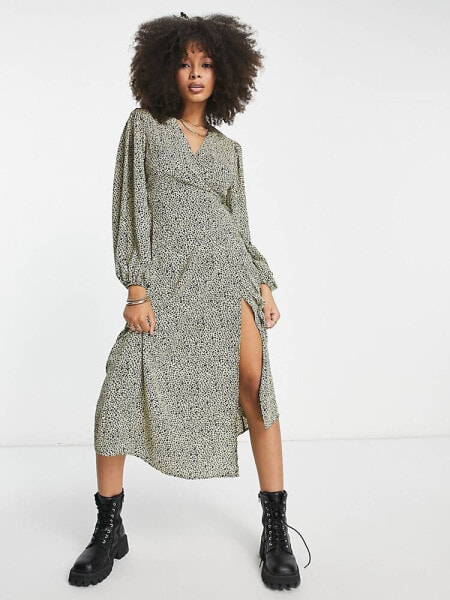 Glamorous midi wrap dress in mustard black ditsy