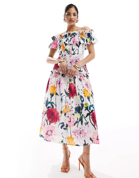 Hope & Ivy off shoulder maxi dress with shirred detail in bright floral