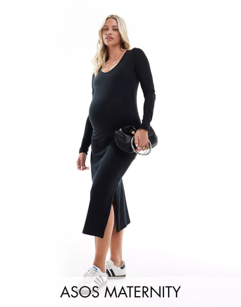 Mamalicious Maternity jersey bodycon midi dress in black