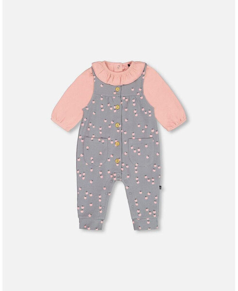 Baby Girls Baby Organic Cotton Onesie And Printed Overall Set Gray With Apples