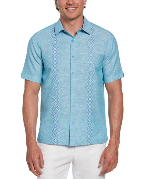 Men's Chambray Short Sleeve Button-Front Argyle Embroidered Shirt