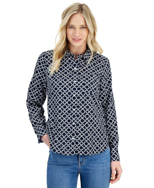 Women's Cotton Circle-Print Roll-Tab Shirt