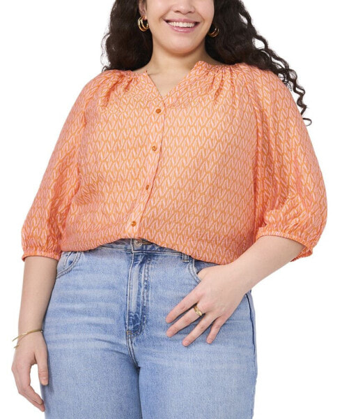 Plus Size Printed Button-Front Raglan-Sleeve Top