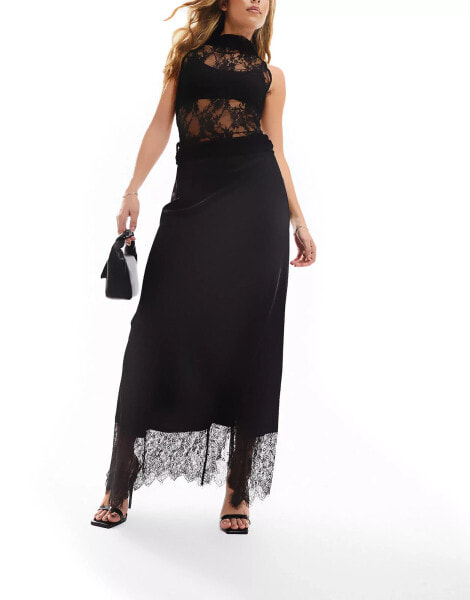 Y.A.S satin lace trim maxi skirt with side slit in black