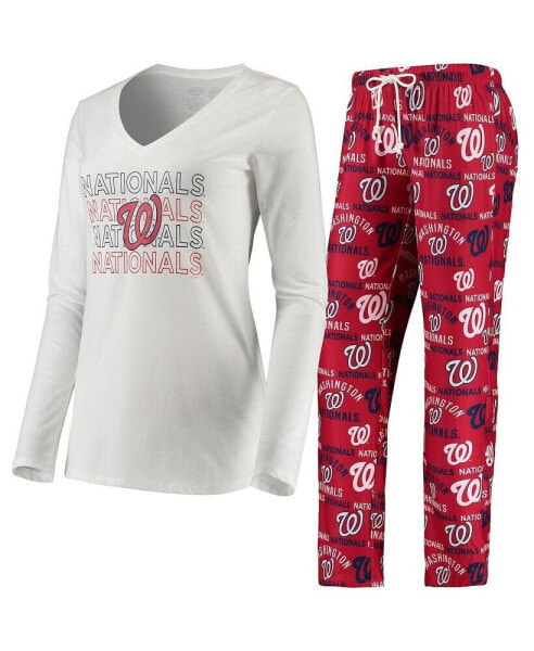 Женская пижама Concepts Sport Womens White, Red Washington Nationals Flagship Long Sleeve V-Neck T-shirt and Pants Sleep Set