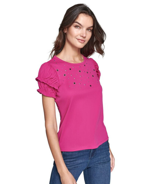 Petite Embellished Puff-Sleeve Top