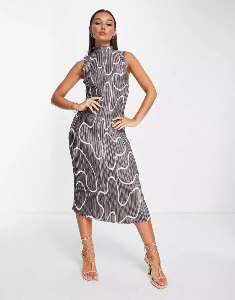 ASOS DESIGN satin plisse midi dress with high neck in abstract print