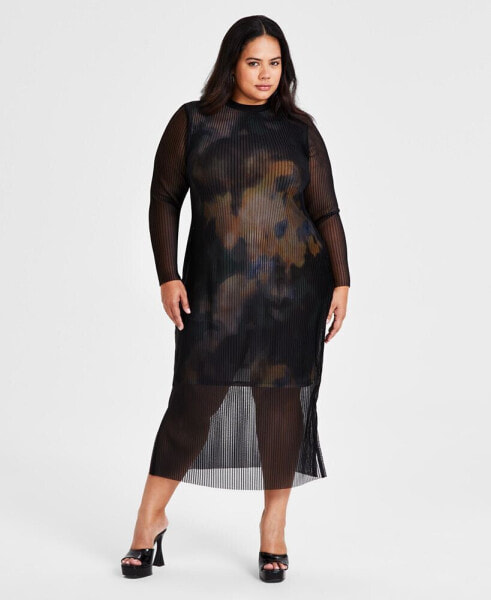 Trendy Plus Size Mesh-Overlay Long-Sleeve Dress