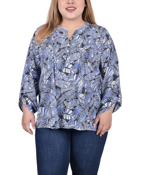 Plus Size Long Roll Tab Sleeve Pintuck Front Blouse