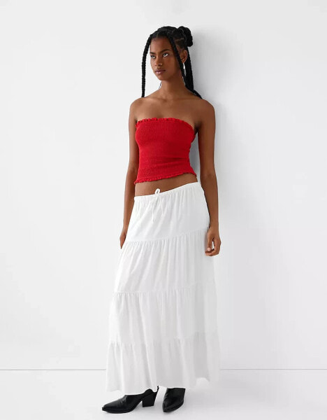 Bershka tie waist linen tiered maxi skirt in white