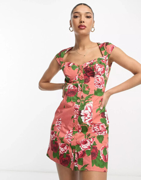 ASOS DESIGN mini button through twill dress with cup detail in bloom floral print