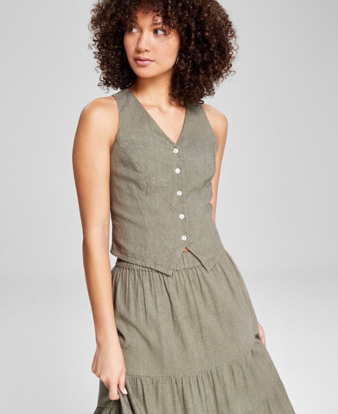 Women's Button-Down Linen-Blend V-Neck Vest