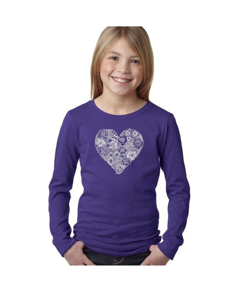 Big Girl's Word Art Long Sleeve T-Shirt - Heart Flowers