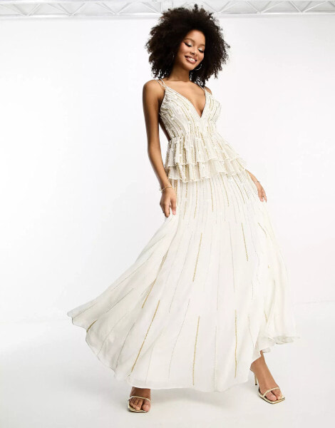 ASOS DESIGN cami maxi dress with floral embellishment and tiered peplum in white