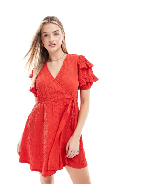 Wednesday's Girl short sleeve wrap detail mini dress in red