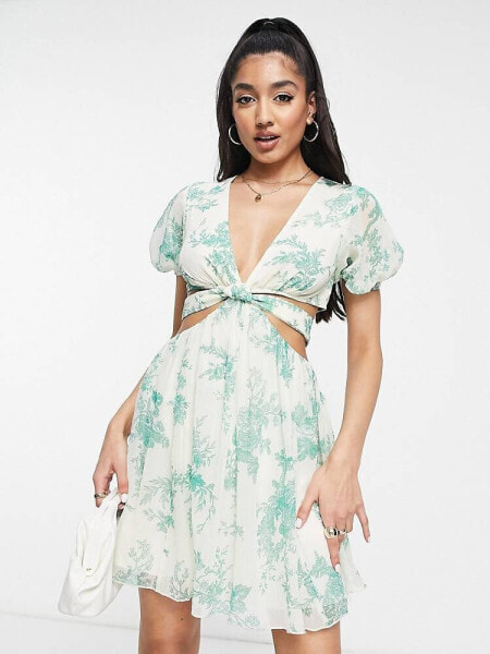 ASOS DESIGN soft tiered mini dress with tie waist detail in green floral