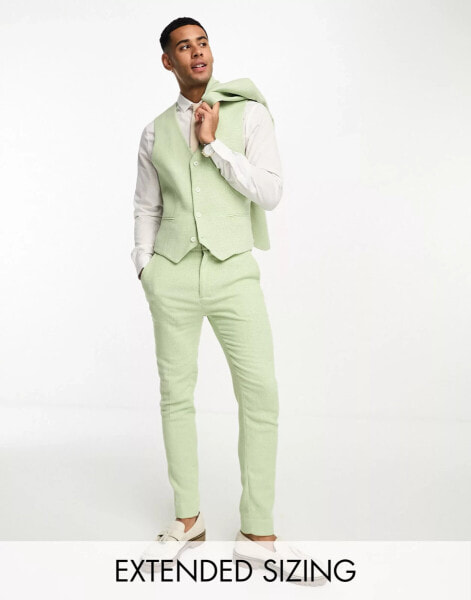 ASOS DESIGN wedding super skinny wool mix puppytooth waistcoat in sage green