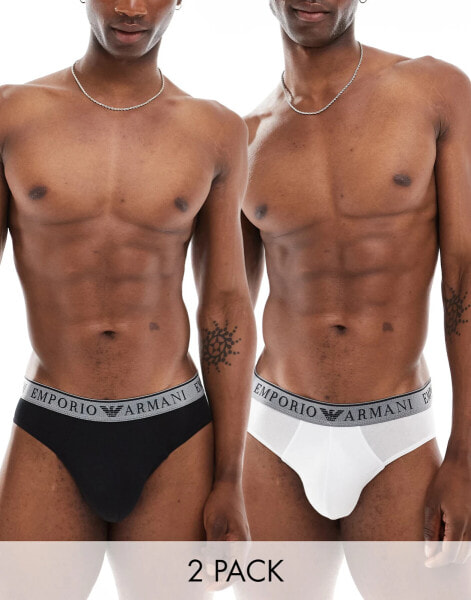 Emporio Armani – Bodywear – 2er-Pack Slips in Schwarz und Weiß mit Logo-Bund