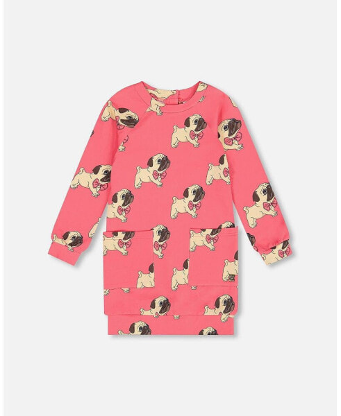 Big Girls Long Sleeve Fleece Dress With Pocket Magenta Printed Pug