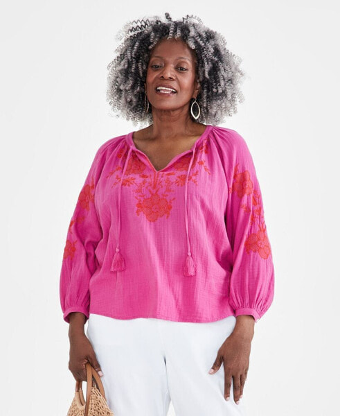 Plus Size Embroidered Peasant Top, Created for Macy's