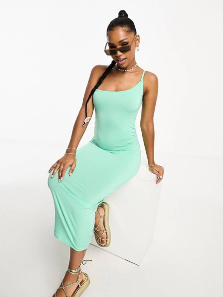 Pieces one shoulder slinky midi dress in green