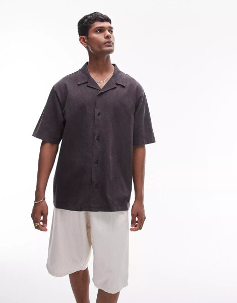 Topman oversized fit button through jersey polo in washed black