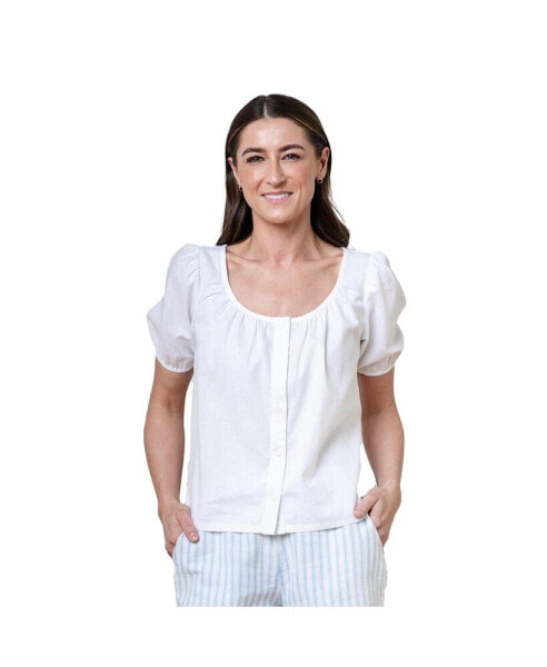 Women's Bubble Sleeve Button Front Relaxed Linen Top