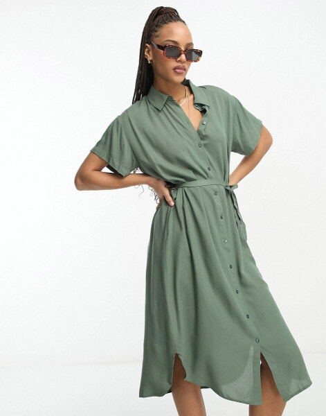 Vero Moda shirt midi dress with tie belt in green