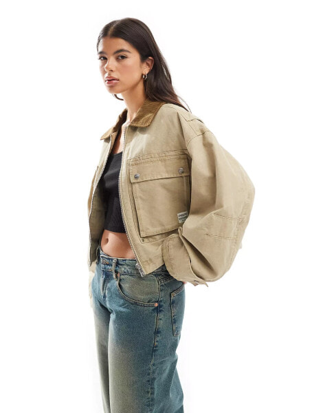 Bershka contrast collar trucker jacket in sand