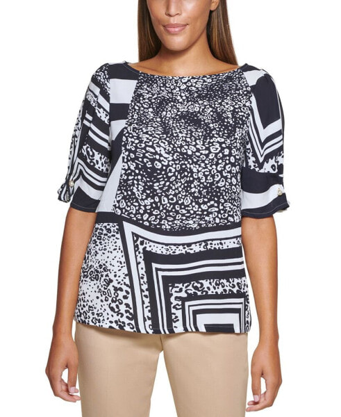 Petite Printed Imitation Pearl-Trim Top