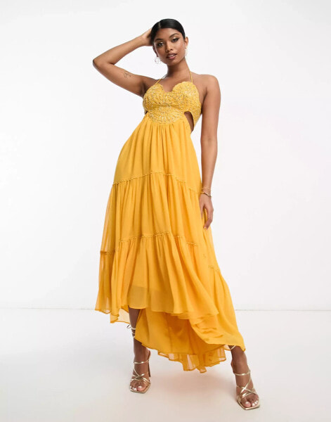 ASOS DESIGN embellished bodice tiered maxi dress with hi low hem and open back in mustard