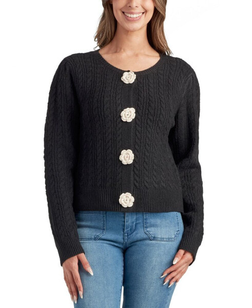 Juniors' Crewneck Crochet Rosette-Trim Cardigan