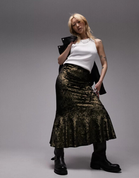 Topshop Petite crushed velvet fishtail maxi skirt in metallic gold