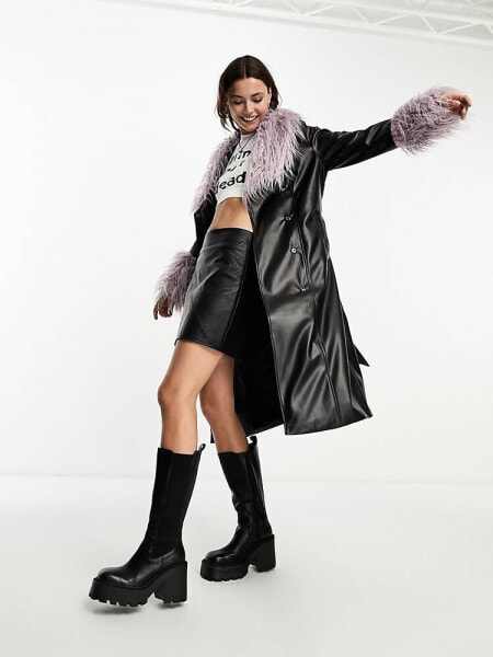 Violet Romance faux leather belted trench coat with faux fur trims in black