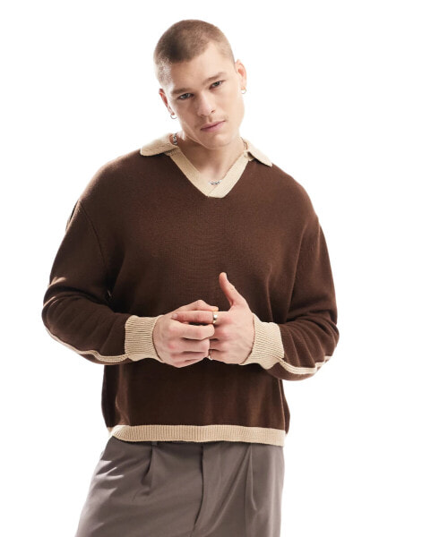 ASOS DESIGN cotton bend knitted jumper with contrast collar and cuff in beige and brown