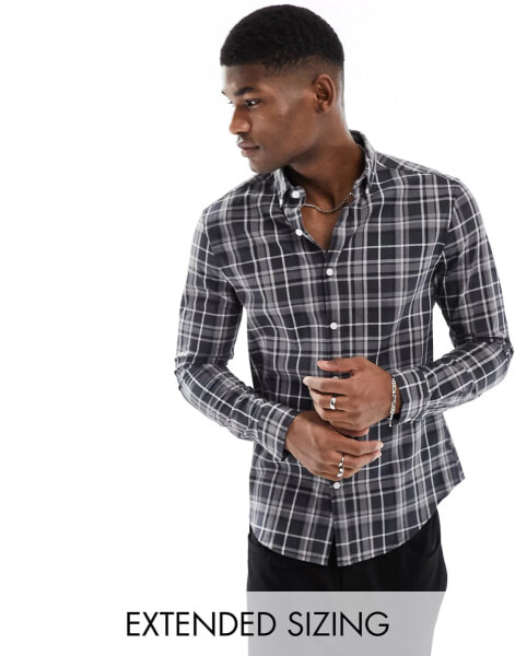 ASOS DESIGN stretch slim check shirt in black and grey tartan