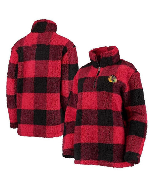 Women's Red, Black Chicago Blackhawks Plaid Sherpa Quarter-Zip Jacket