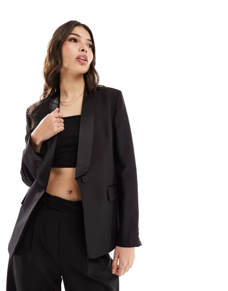 Mango tuxe satin detail blazer in black